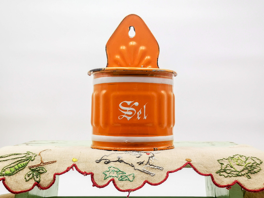 Antique French Enamel Salt Box, Orange Salt Box, White Stripes, Antique French Kitchenalia, Vintage Box