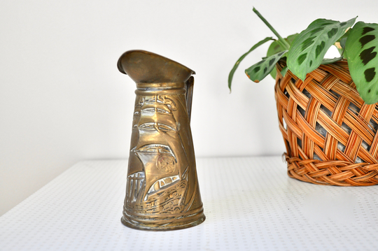Vintage Embossed Brass Metal Jug Or Pitcher With Nautical Detail