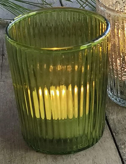 Round Green Tea Light Holder - Moss Ribbed Glass Votive Indoor Or Outdoor Tealight Candle Pot Decoration