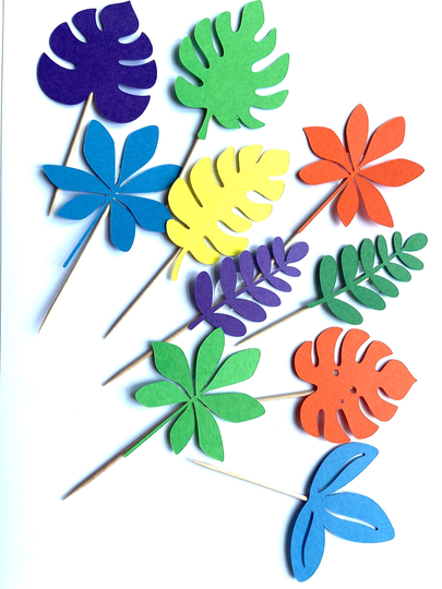 10 Large Tropical Leaf Cupcake Toppers, Hawaiian Theme Party Food Cake Topper, Moana Jungle Flag Stick, Mixed Palm Display Decorations