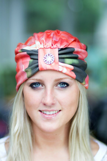 Turban Hat - Women's Organic Cotton Headwrap Coral Rose Floral Print Hair Wrap Wearable Art