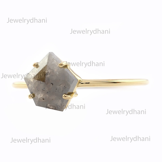 Minimalist Ring With Salt & Pepper Diamond | Engagement For Women Dainty 14K Solid Yellow Gold Delicate Mother's Day Gift