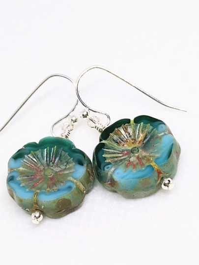 Hibiscus Flower Earrings - Blue Hibiscus Beads Glass
