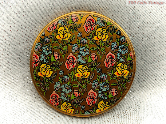 Larger Colourful Floral Gold Tone Vintage Ladies Powder Compact -10cm