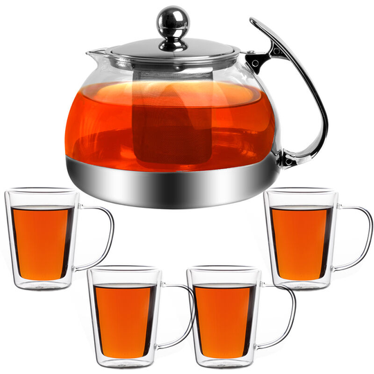 Monzana - Teapot Set 1.2L Tea Glasses 4 pcs Removable Strainer Stainless Steel