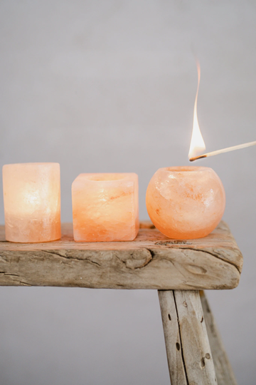 Himalayan Salt Tealight Candle Holder 100% Natural Artisan Made.+ Tealights Included + Cotton Pouch By Sea Pinch