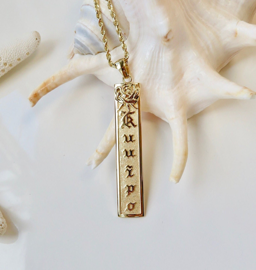 14Kt Personalized Rose Flower Vertical Name Pendant | 10mm Hawaiian Heirloom Made in Hawai'i