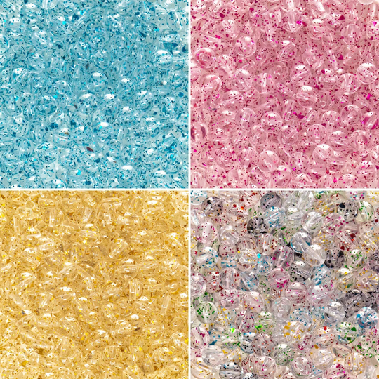 100 Glitter Powder Transparent Acrylic Beads in 4 Colours. 8mm. 1.5mm Hole. Great For Jewellery Making & Kids Craft Projects