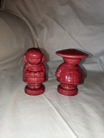 Vintage Ceramic Salt & Pepper Shakers - Chinese Boy Girl in Red Glaze Circa 1930S