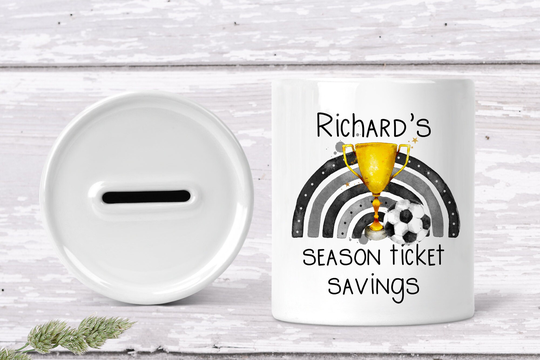 Personalised Season Ticket Savings, Football Fan Gift, Black & Grey Design, Personalized Money Box