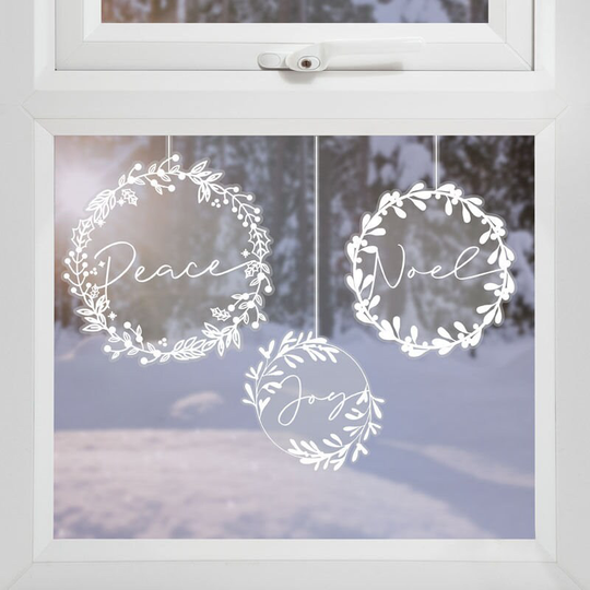 3 Christmas Wreath Window Stickers, Cling, Decoration, Holiday Season Display