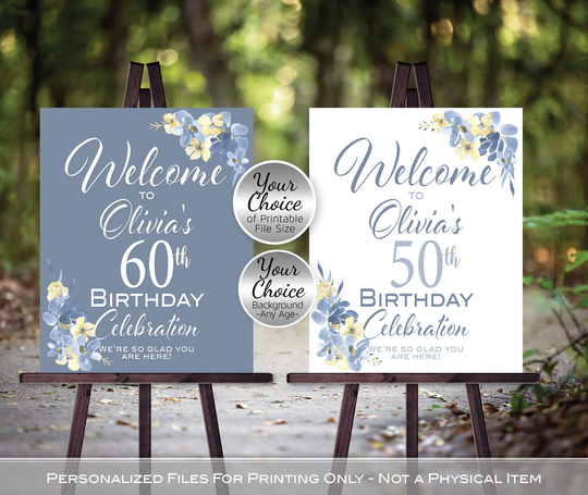 Dusty Blue Birthday Welcome Sign Printable Files | Powder & Cream Watercolor Flowers Personalized Digital Printable Files