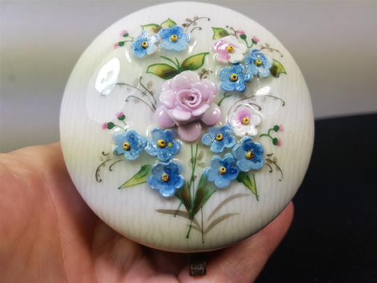 Vintage Jewelry Or Trinket Box Powder Jar Ceramic Pottery & Brass Metal With Hand Painted Flowers Dated 1922
