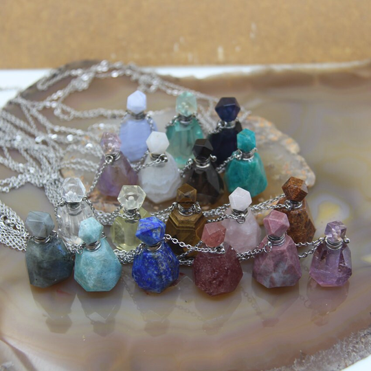 Faceted Fluorite Amethyst Agate Rose Quartz Perfume Bottle Pendant Silver Necklace, Gemstone Essential Oil Diffuser Vial Charms Women Jewelry