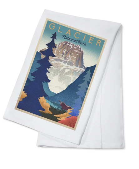 Tea Towel, Apron Glacier National Park, Montana, Lithograph, Lantern Press Artwork, Kitchen Cooking, Unisex, Adjustable, Organic Cotton