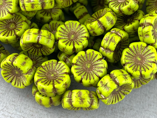 Matte Avocado Green Czech Hibiscus Glass Flower Beads, Chartreuse, Bronze Detail, Pressed Beads - 14mm 12 Pcs Fb793-B232