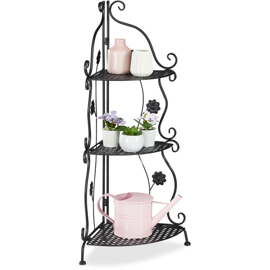 Metal Plant Stand, 3 Tiers, Decorative Rack, Indoor & Outdoor, HxWxD: 82.5 x 31 x 31 cm, Corner Shelf, Black - Relaxdays