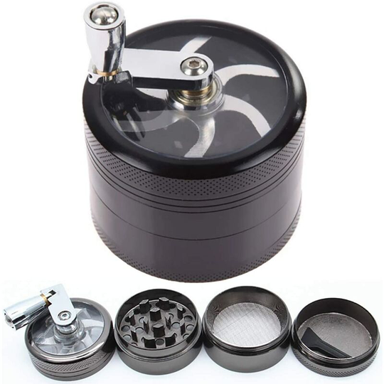 Pollen Grinder Manual Hand Crank Zinc Alloy Spice, Herb, Coffee, Herb Grinder, 4 Pieces with Scraper, Ø 40mm (Black)