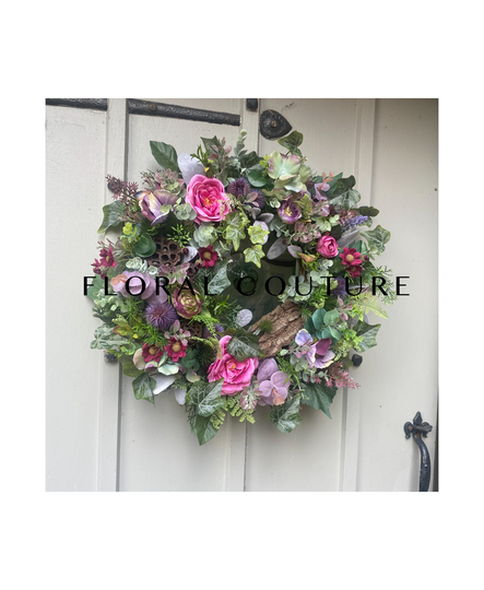 Handmade Autumn/Winter Front Door Wreath, Pink & Mauve Seasonal Wreath, Hydrangea Rose Floral Artificial Seasonal Wreath
