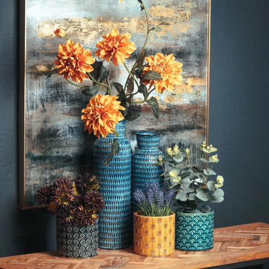 Lucena Collection Textured Ceramic Planter 14cm Wide - Available in Grey, Teal Or Mustard Yellow