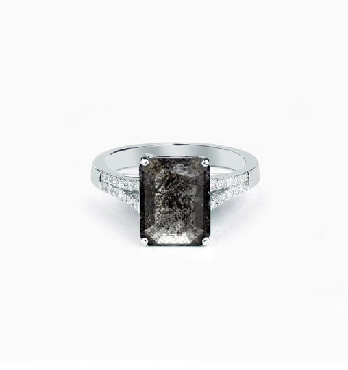 Emerald Cut Natural Salt & Pepper Diamond Dainty Ring | Art Deco Engagement in 9K/14K/18K White Gold