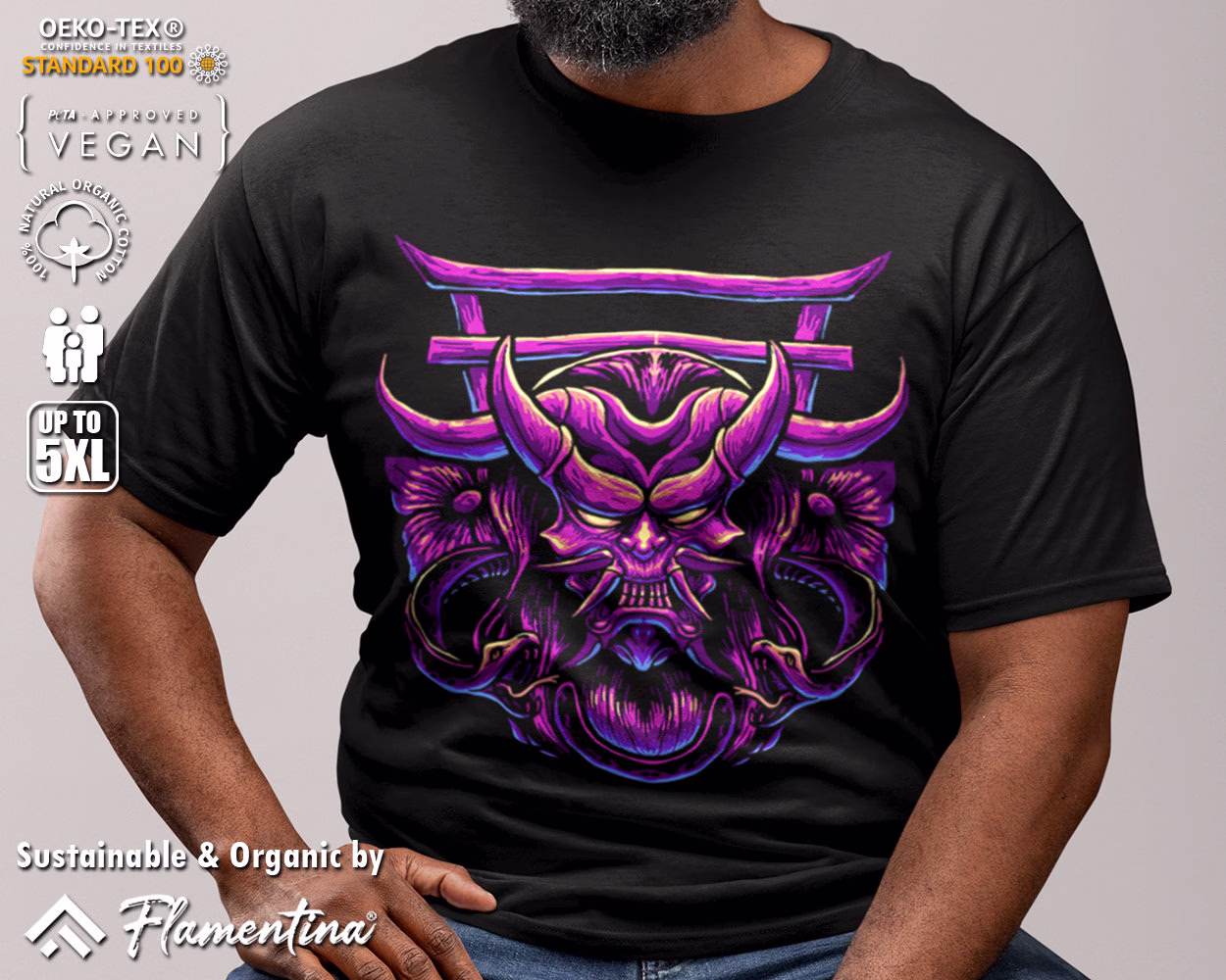 Purple Oni Samurai Organic Cotton T-Shirt Asian King Mask Japanese Fire Demon Evil Troll P783 | Mens, Womens & Kids Sizes