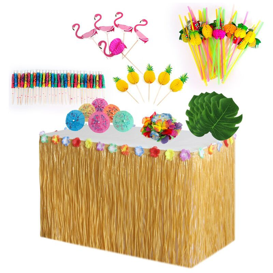 Gdrhvfd - Hawaiian Party Decorations, With Grass Table Skirt Hawaiian Palm Leaves Hibiscus Flowers Pineapple / Flamingo Paper Umbrellas / 3D