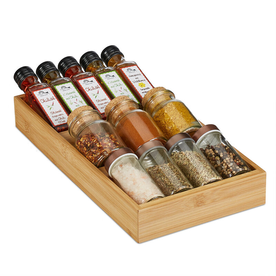 Spice rack for the drawer, with 3 tiers, made from bamboo, seasoning organiser, 20x37x5cm, natural wood look - Relaxdays