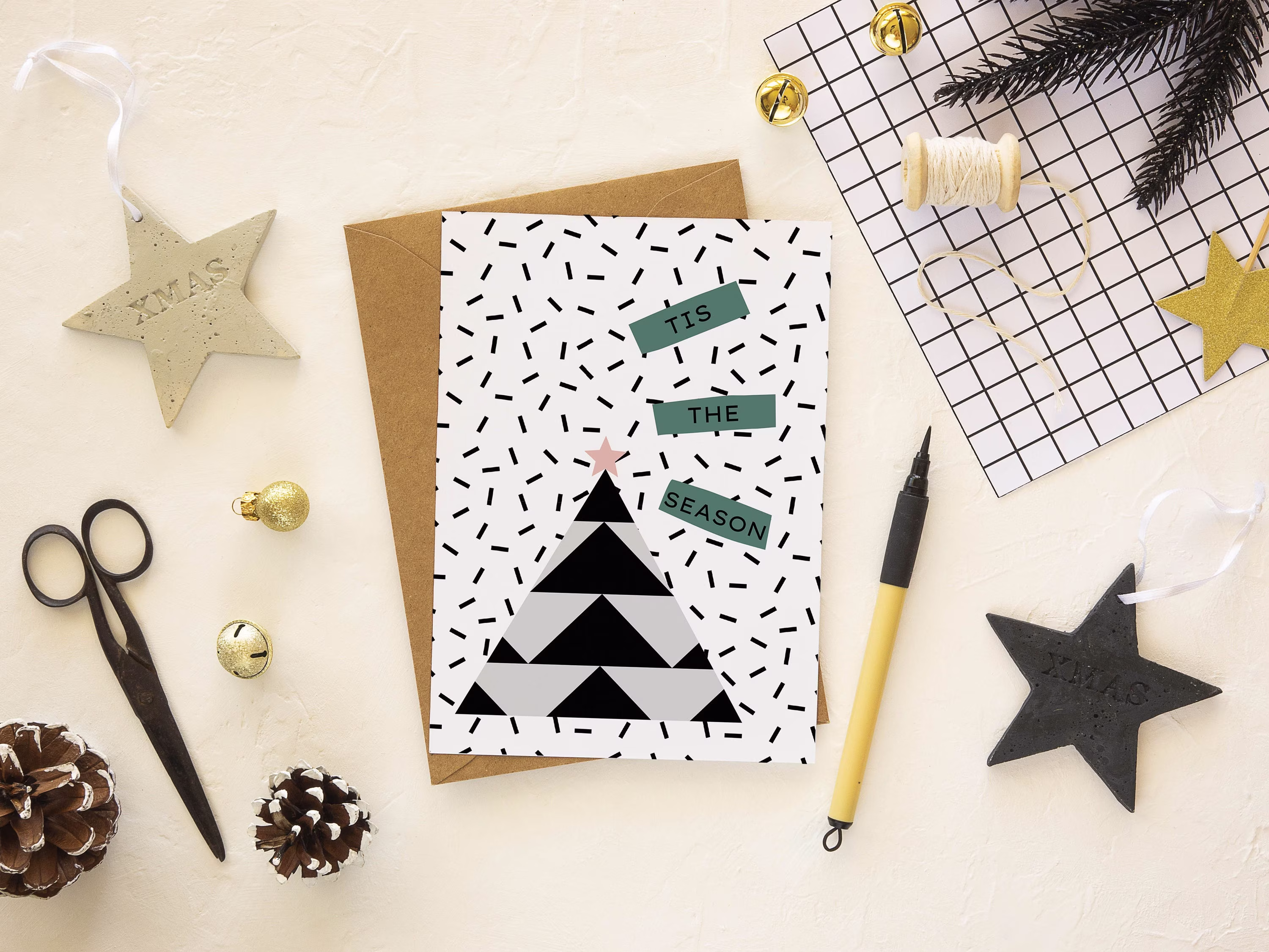 Tis The Season Christmas Card, Eco Modern Card Pack, Geometric, Plastic Free