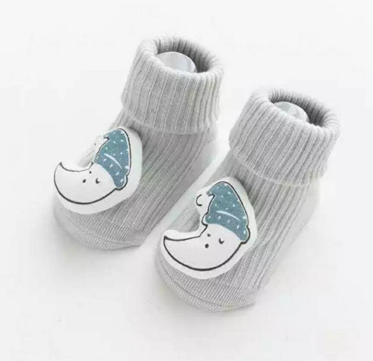 Cute Organic Cotton Grip Socks For Babies + Pre-Walkers - Grey Sleeping Moons Keep Those Toes Warm & Entertained