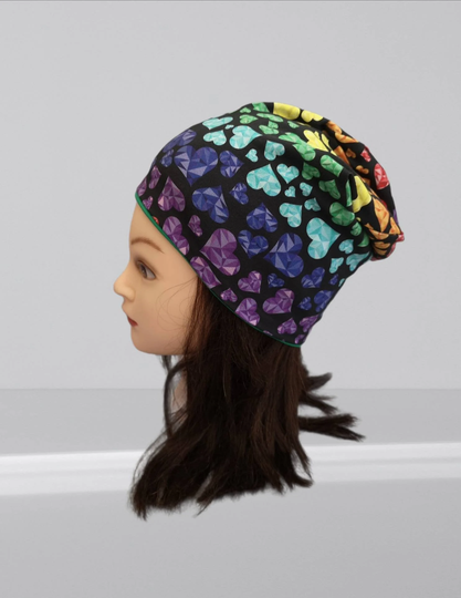 Rainbow Heart Beanie Hat|Slouchy Hat|Organic Cotton Jersey Beanie|Chemo Headwear|Extra Large Hat|Kids Hat|Gots|Handmade