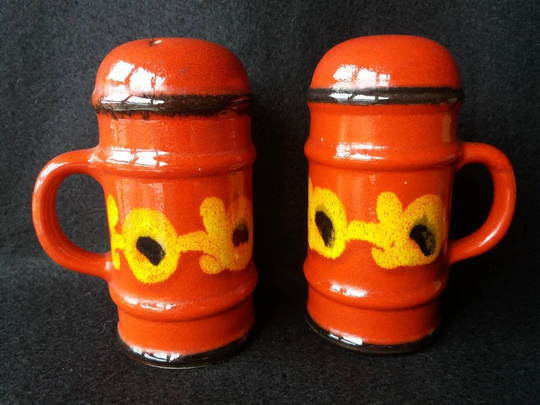 Vintage Cruet Set. Salt & Pepper Portuguese Ceramics. Handles. 1970S Red Lava Pattern. Mid Century Pepper. Retro Tableware