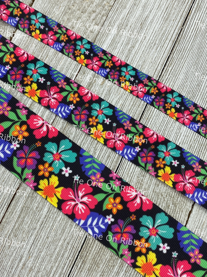 Bright Tropical Floral & Hibiscus On Black Print Grosgrain Ribbon - 5/8" 7/8" 1" 1.5
