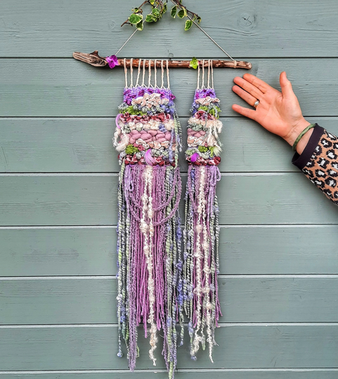 Unique, Bohemian & Organic Woven Wall Weave Hanging | Meraki Purples, Lilacs, Greens, Handmade With Handspun Wool