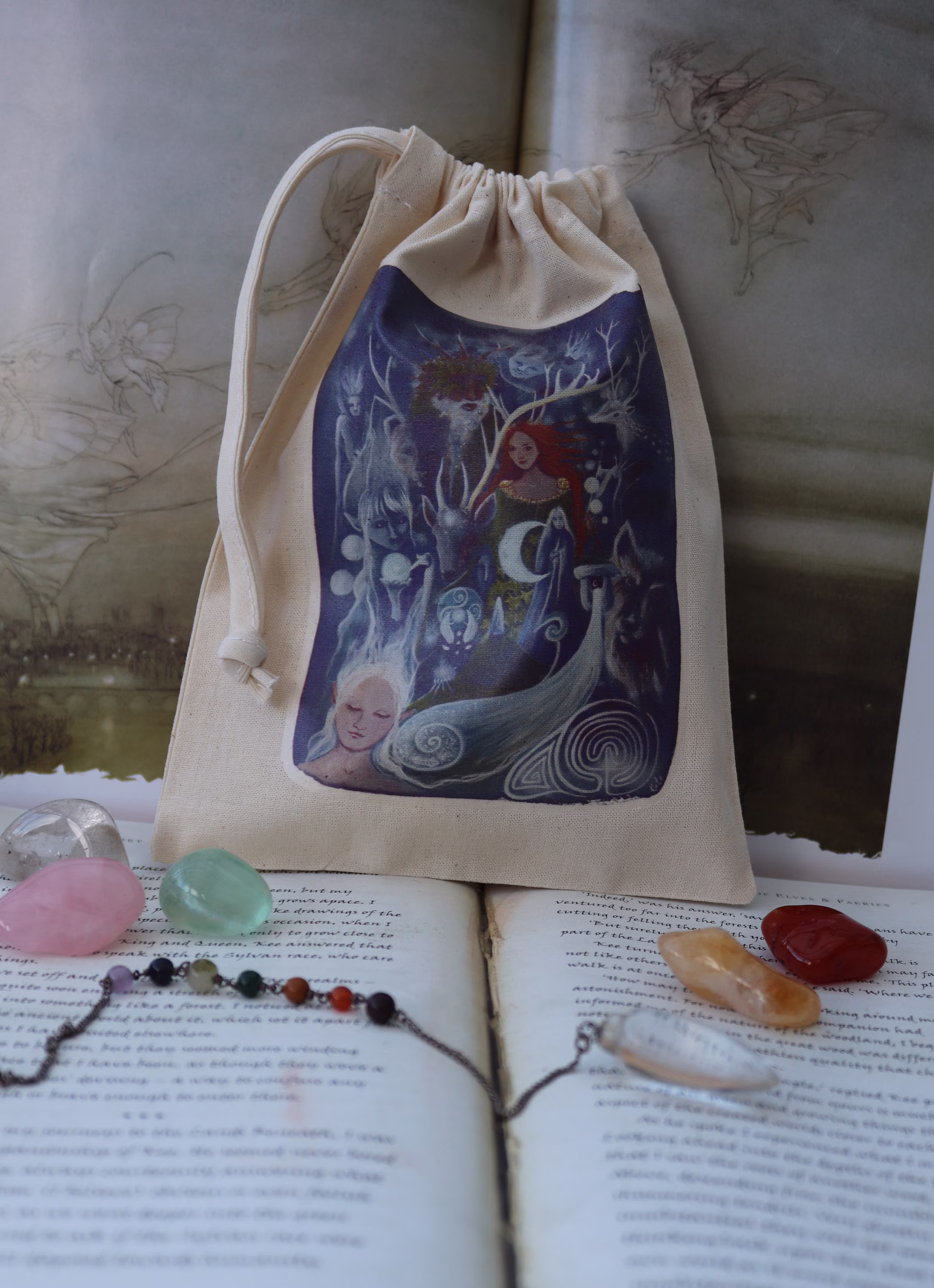 Tarot Card Bag, Oracle Cards, Pouch, Medicine Cotton Celtic, Forest, Shaman, Elen Of The Ways, Labyrinth, The Silver Wheel