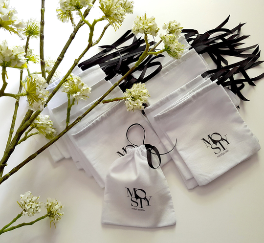 White 100% Cotton Custom Printed Pouches With Grosgrain Ribbon. Sustainable Packaging
