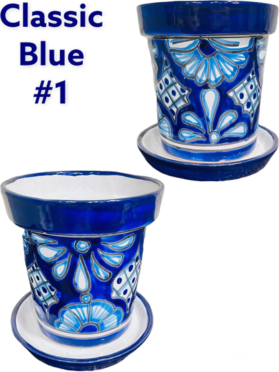 Classic Blue Or Rustic Vaso Talavera Planter With Matching Saucer Indoor Outdoor Flower Pot Mexican Pottery