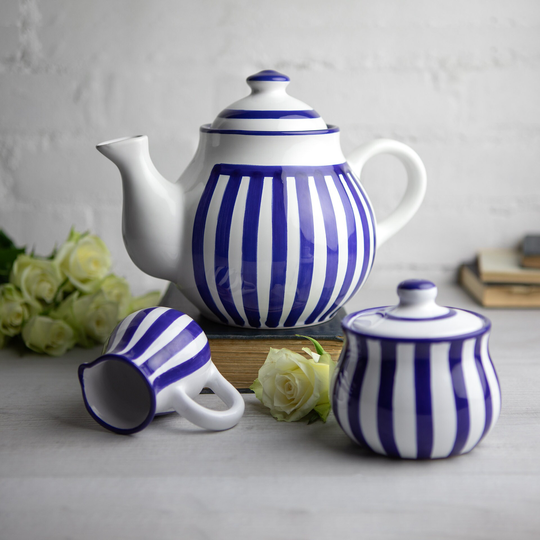 Ceramic Tea Set, Teapot Large Teapot, Milk Jug, Sugar Bowl Handmade Stoneware Pottery, Navy Blue Stripe, Coastal Style