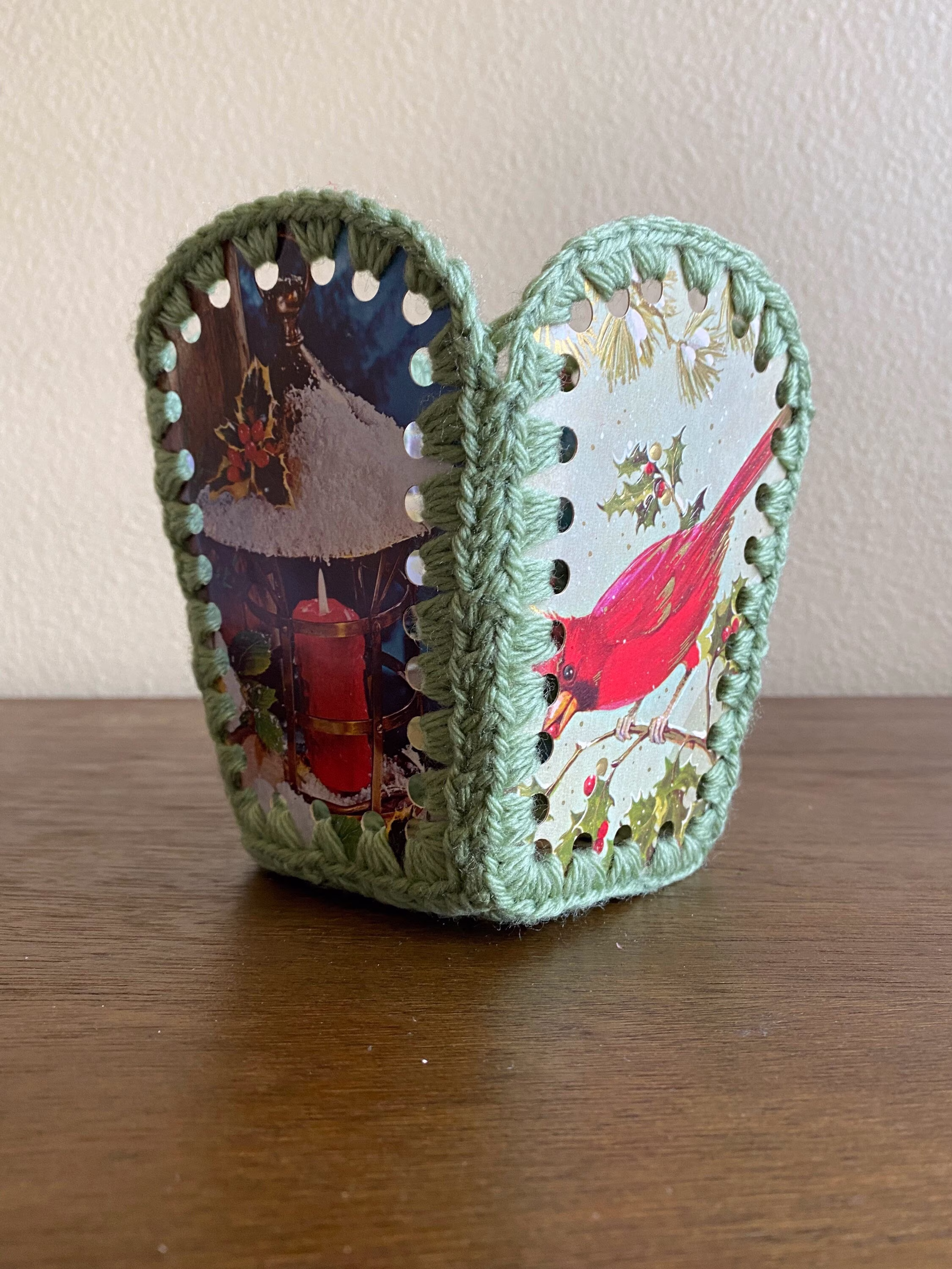 Expires April 11Th Vintage Christmas Paneled With Mint Green Stitching Basket, Crocheted Basket Planter
