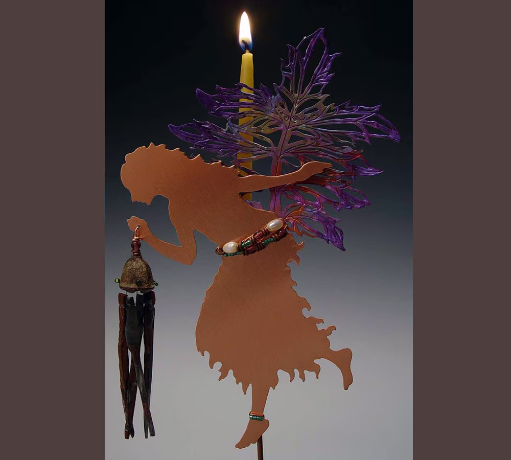 Copper Valerian Fairy Garden Stake Sculpture With Obsidian Needle Wind Chime & Magical Wishing Candle
