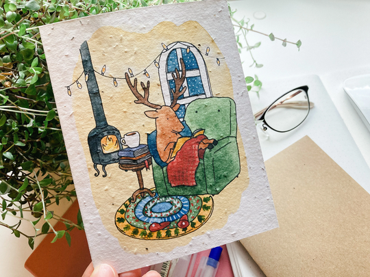 Plant Me Holiday Card Plantable Seed Paper, Greeting Card, Cozy Reindeer, Fire Place, Christmas