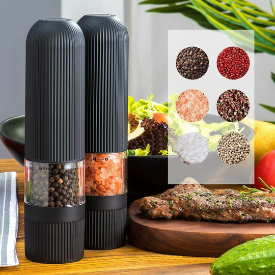 2Pcs Automatic Pepper Grinder and Salt Grinder Electric Grinders in Durable Adjustable Grain Size Grinder (Black)