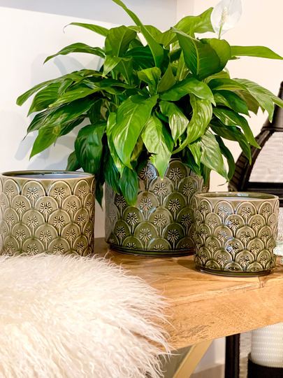 Green Ceramic Plant Pots With Floral Pattern, Glazed Pots, Indoor Decorative Planter