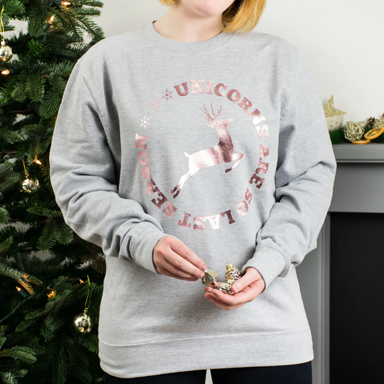 Unicorns Are So Last Season Rose Gold Christmas Jumper. Womens Unicorn Xmas Jumper