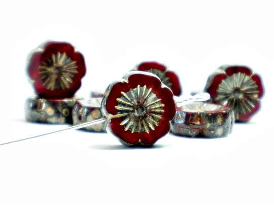 14mm Red Garnet Picasso Hibiscus Hawaiian Flower Czech Glass Beads | 6Pc, Diy Jewelry Bead Supply