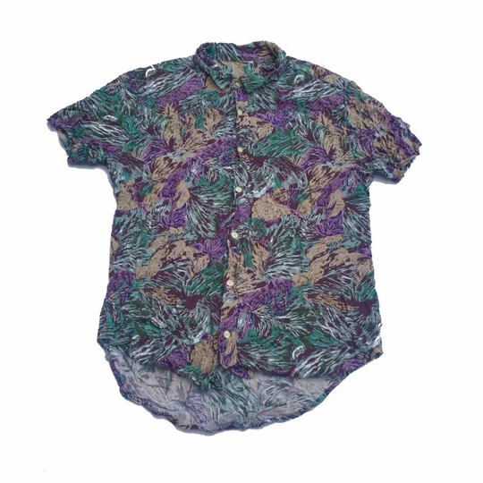 Vintage 90S Floral Abstract Palm Leaf Hibiscus Botanical Purple Grey Green Hawaiian Party Beach Shirt Unisex Size Medium