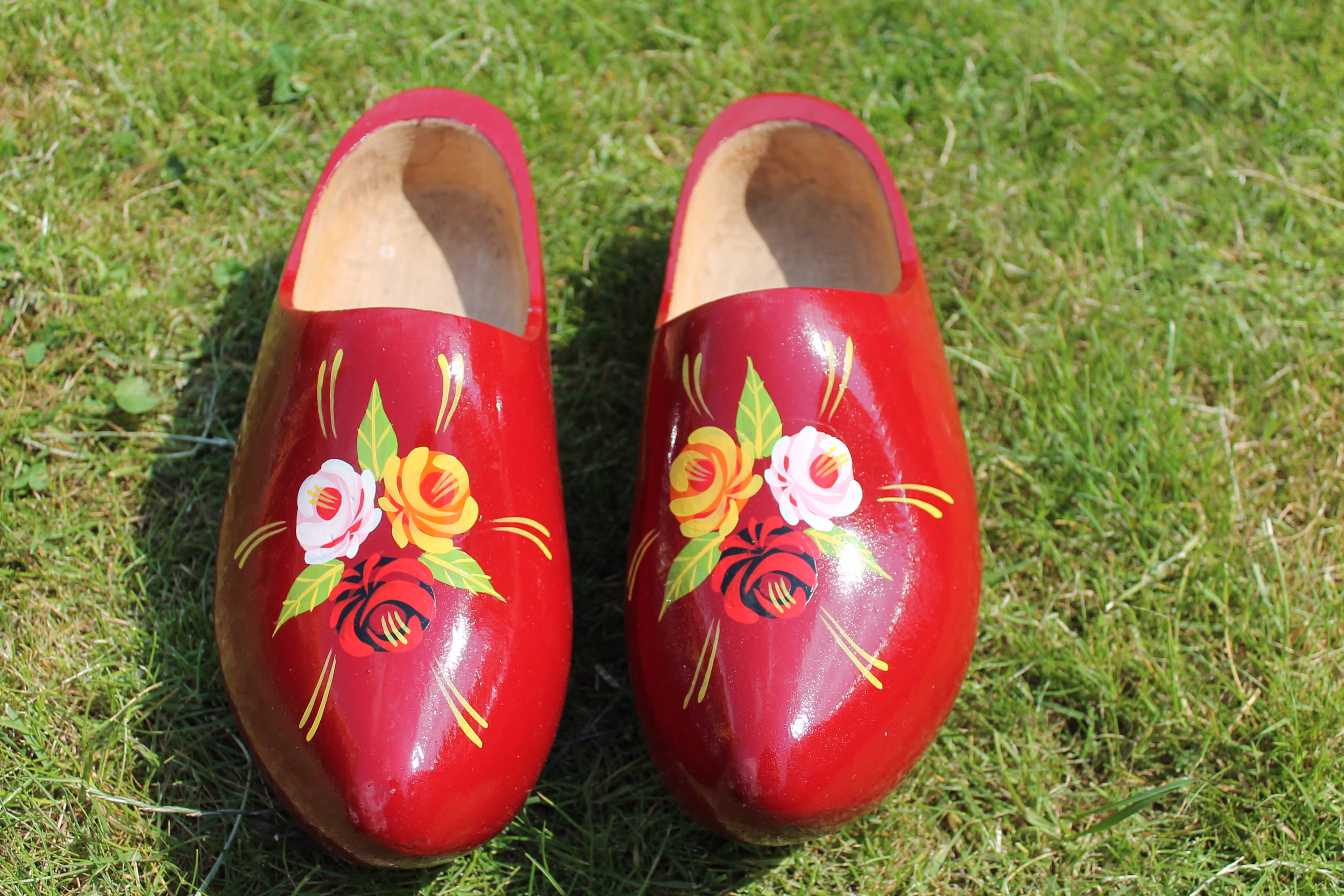 Clogs, Adult Size, Hand Painted With Flowers On A Cherry Red Background in The Style Of Barge Ware