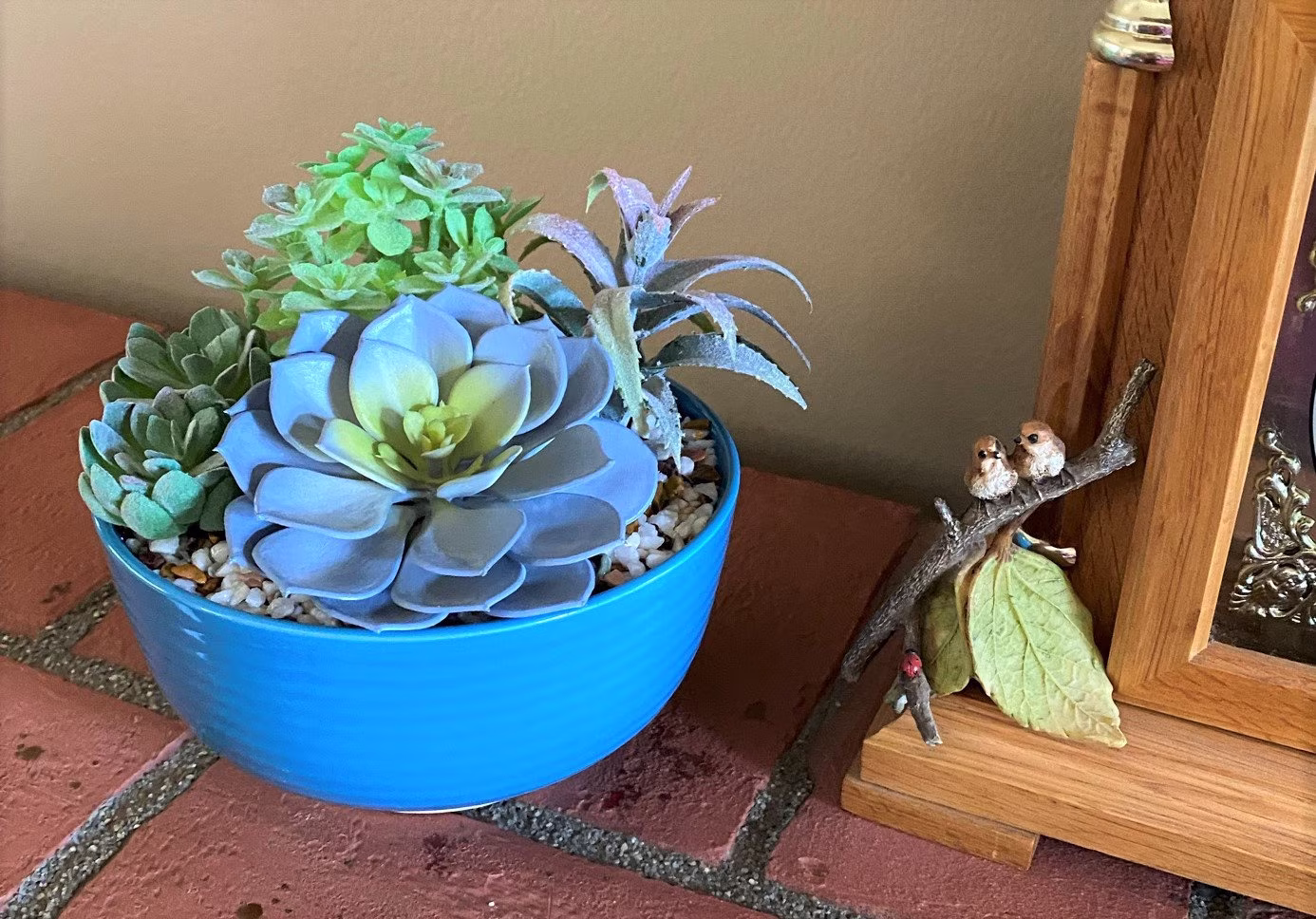 Faux Succulent Arrangement in Ribbed Cerulean Blue Ceramic Bowl