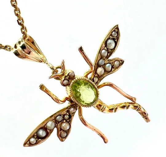 Victorian 9Ct Gold Peridot & Seed Pearl Dragonfly Pendant