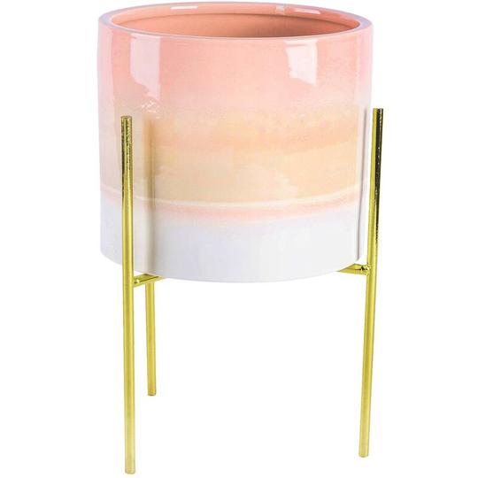 Reactive Glaze Plant Pot on Stand - 19cm - Pink/Gold - Nicola Spring